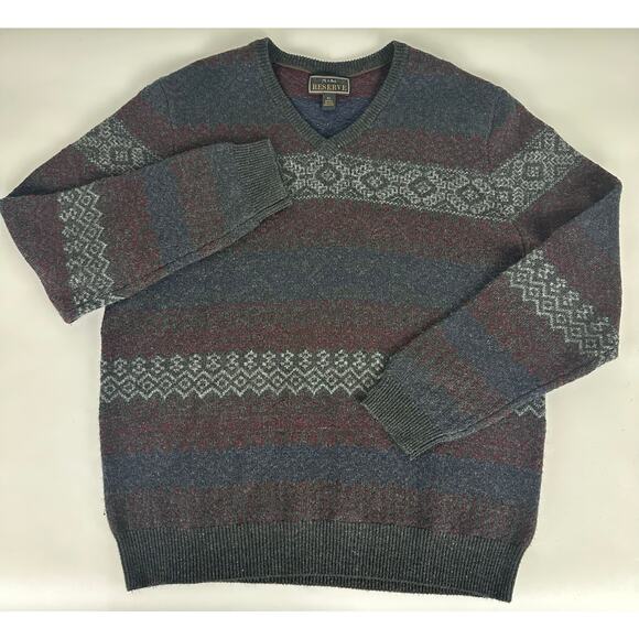 Jos. A Bank Reserve Size XL Fair Isle Wool Sweater V-Neck Gray Winter Holiday - Picture 1 of 8